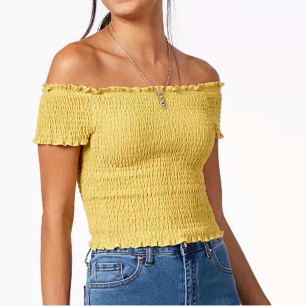 Smock Ruffle Yellow Off Shoulder Waist Length Top, Size: S